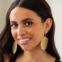 Load image into Gallery viewer, gold earrings
statement earrings
large round earrings
botanical earrings
leaf earrings
dangling earrings