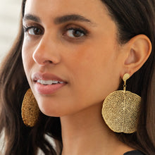 Load image into Gallery viewer, gold earrings
statement earrings
large round earrings
botanical earrings
leaf earrings
dangling earrings
